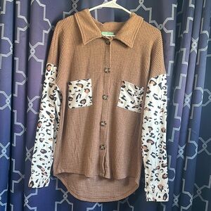 Brown Button-Up Shirt with Leopard Print Sleeves